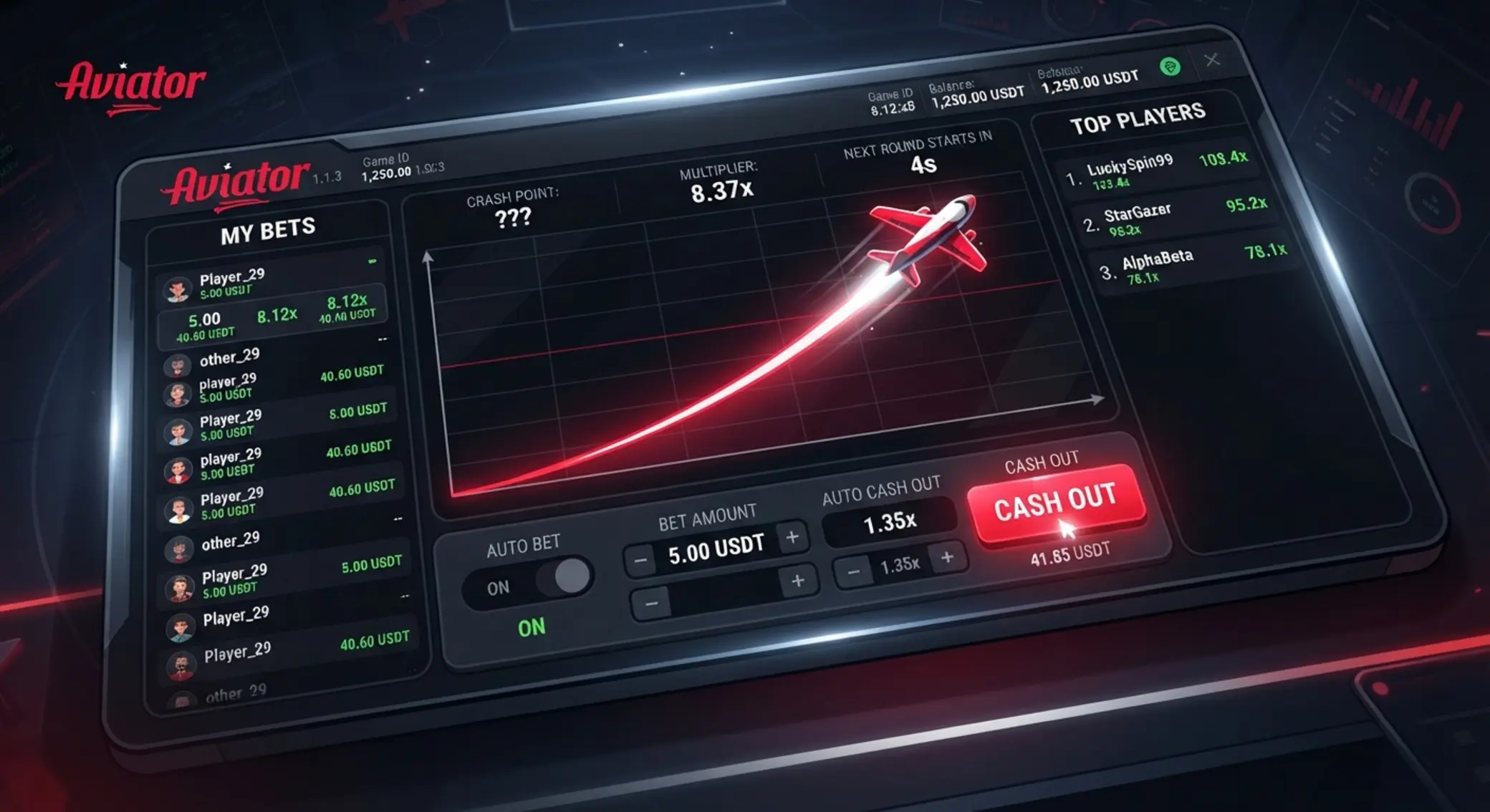 Aviator-szerű játékfelület tétmezővel és cash out gombbal