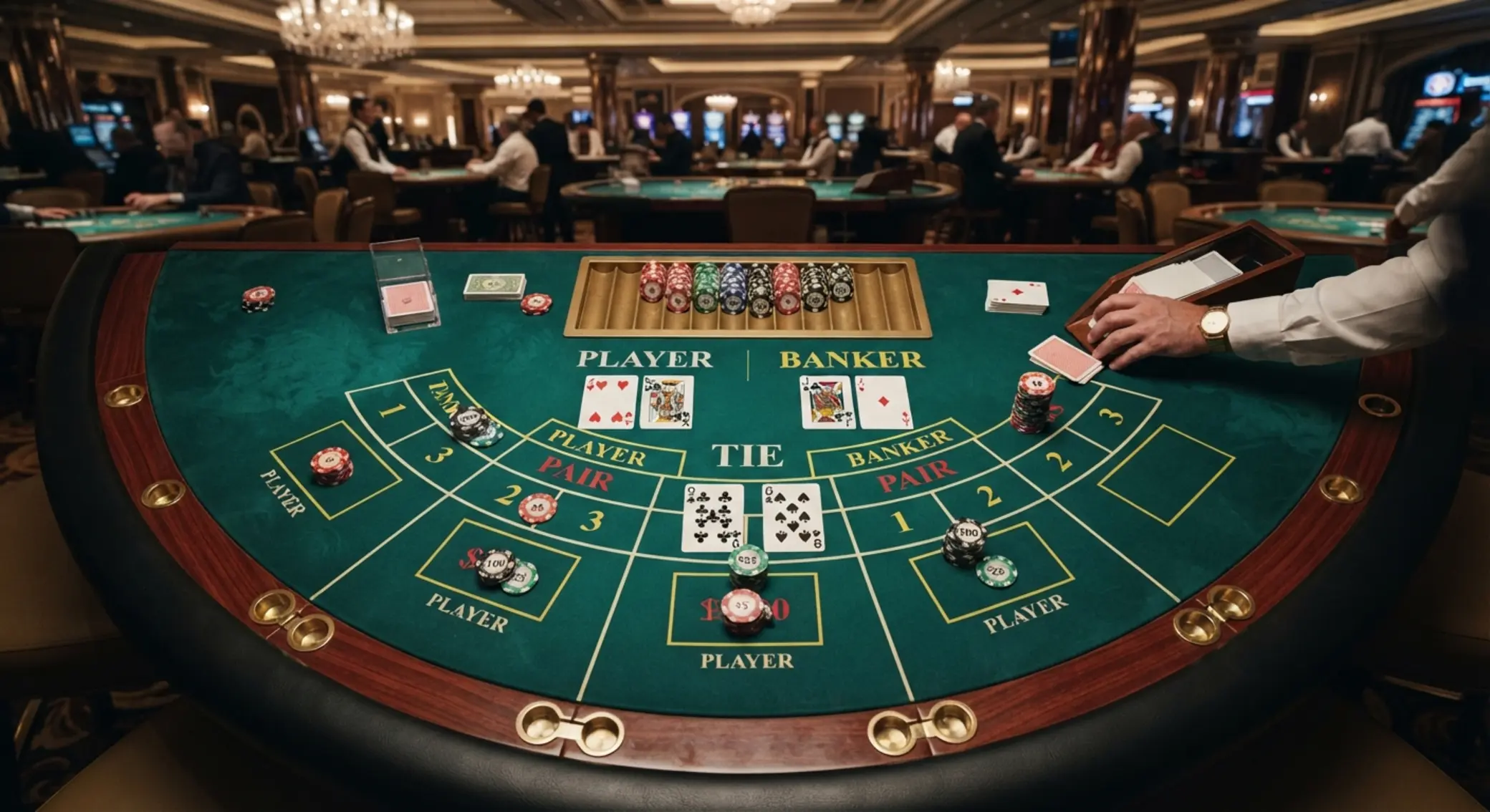 Baccarat asztal felülnézetből zsetonokkal és kártyákkal