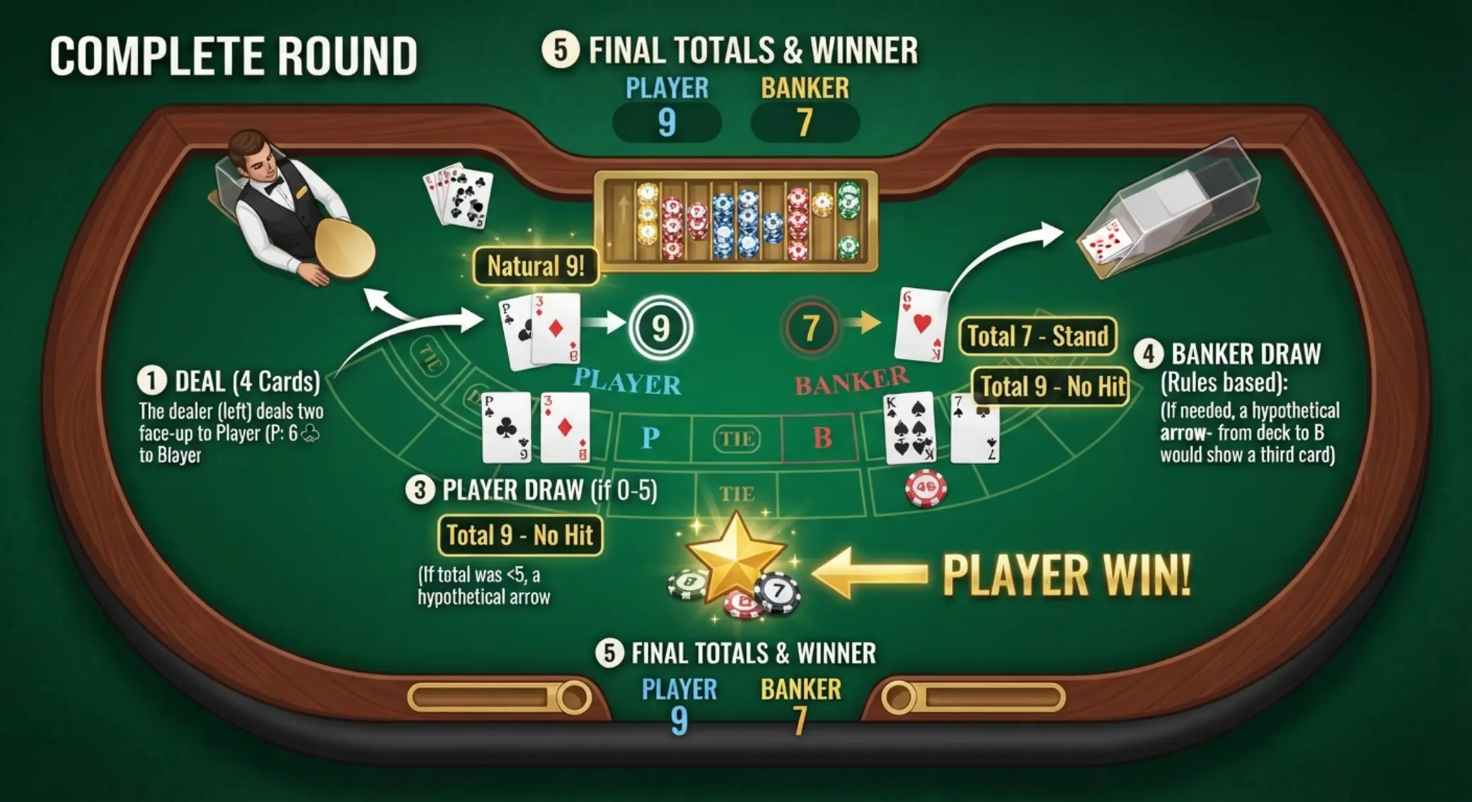 A baccarat kör lépésről lépésre illusztrálva