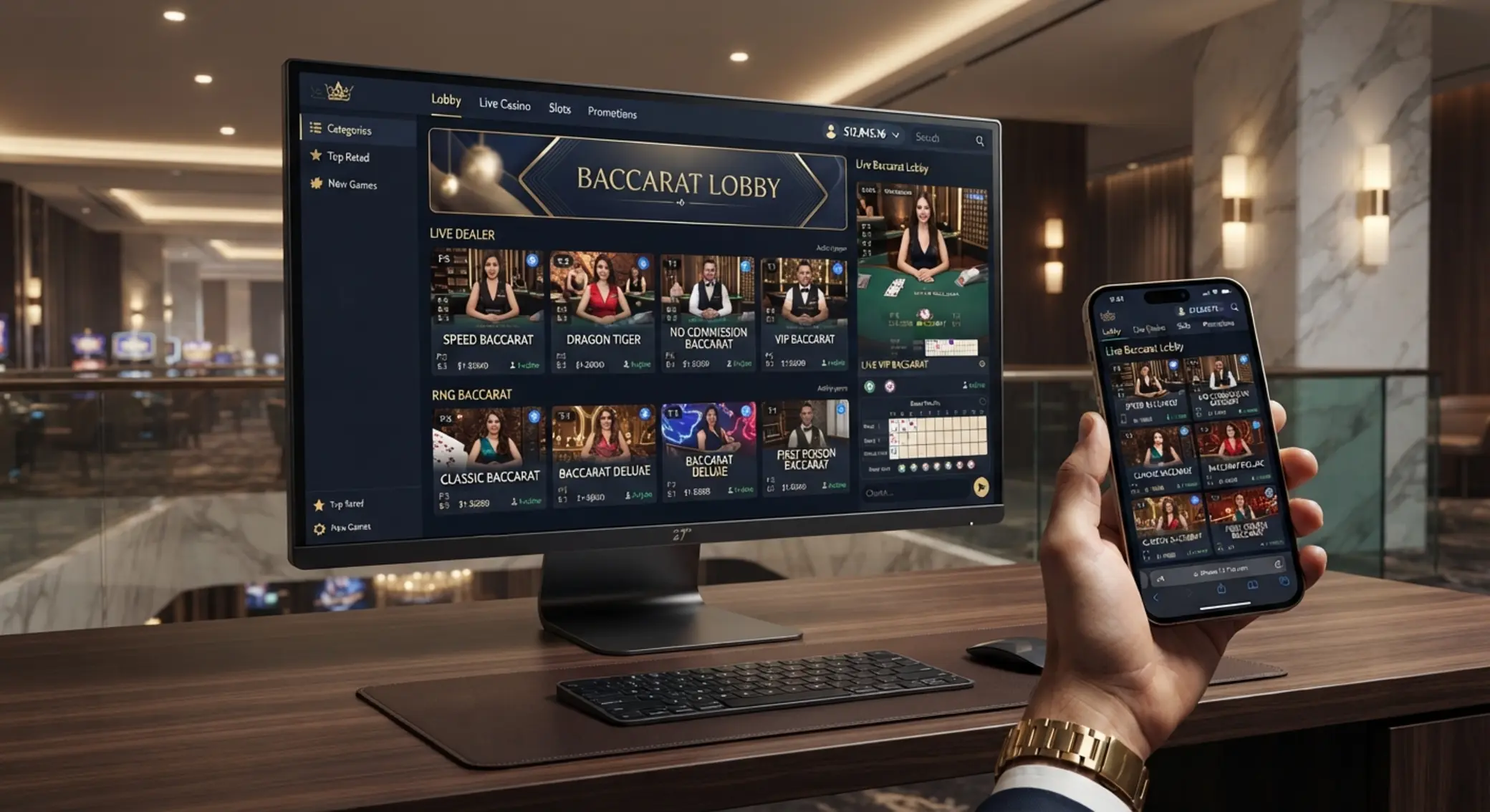 Online kaszinó lobby baccarat asztalokkal asztali és mobil nézetben