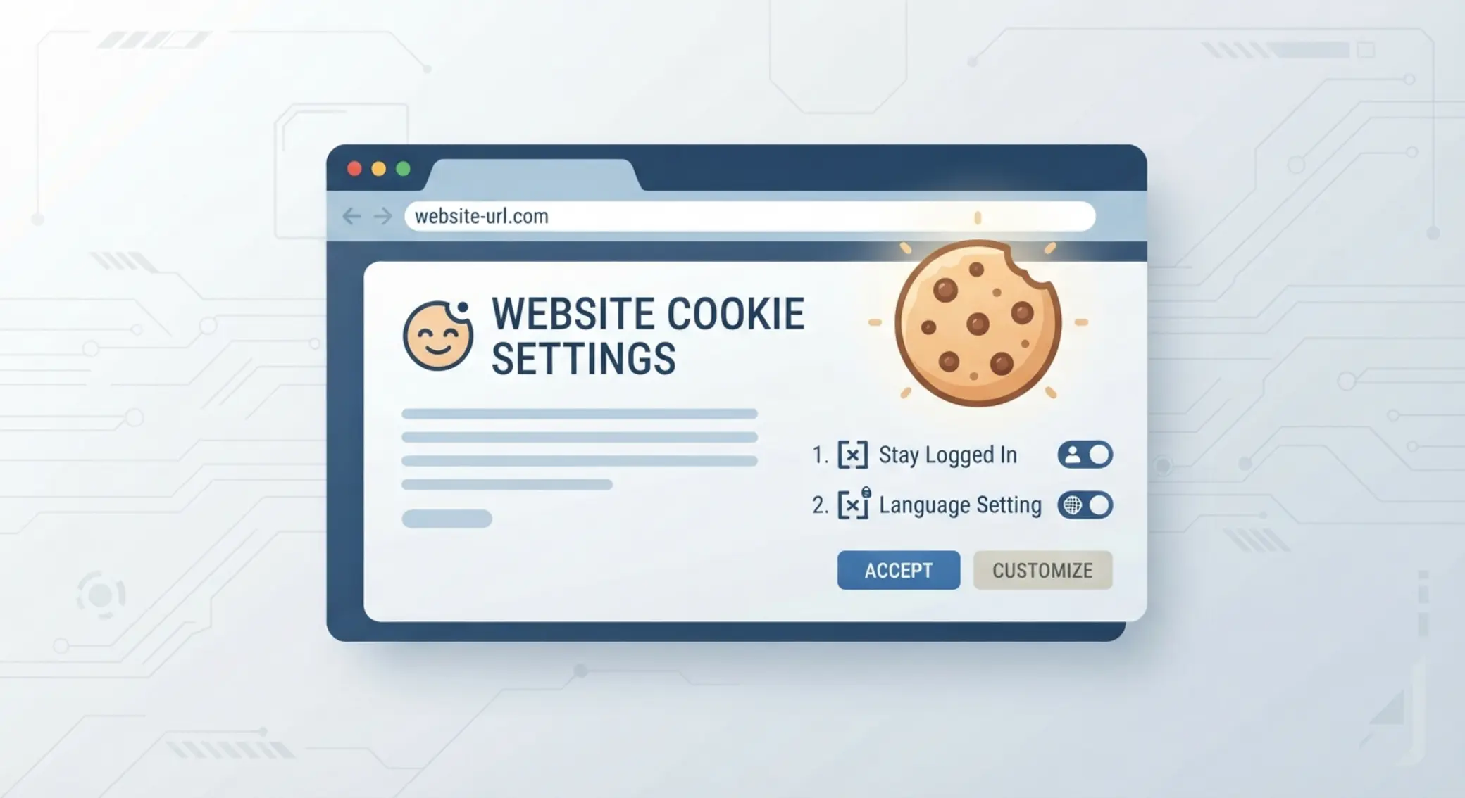 Stilizált böngészőablak cookie ikonnal és beállításokkal