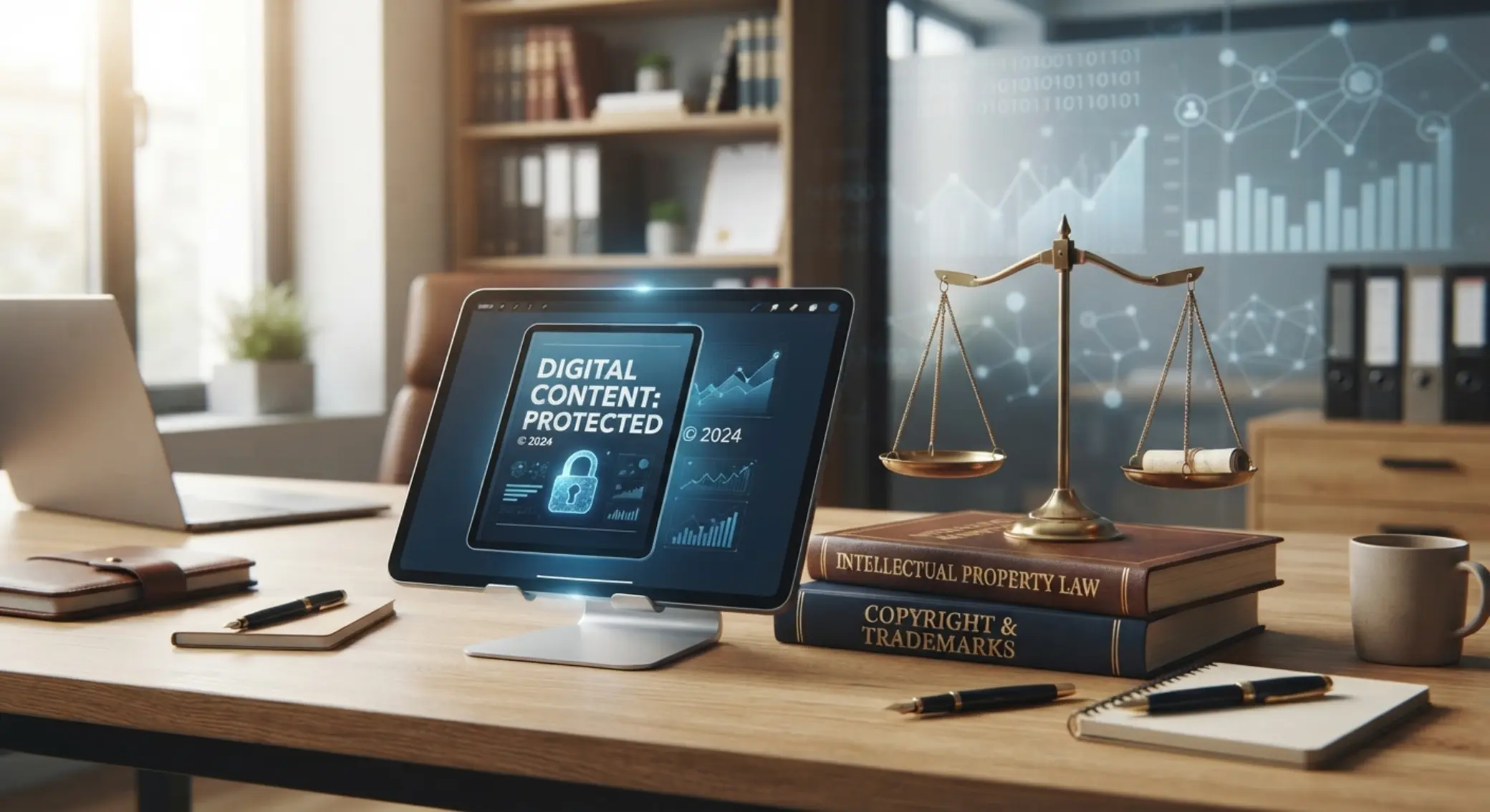 Szerzői jog és digitális tartalomvédelem szimbolikus képe