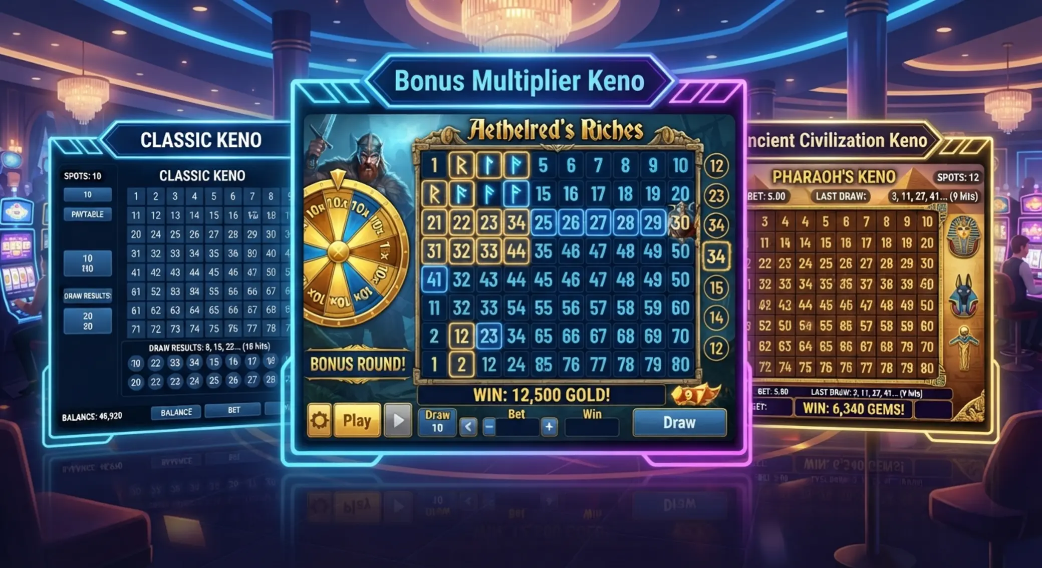 Különböző online keno játékváltozatok egy illusztráción