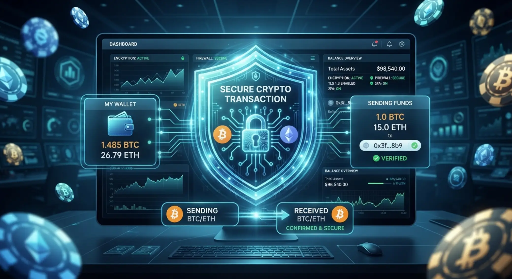 Biztonságos kripto tranzakciók és fiókvédelem illusztráció