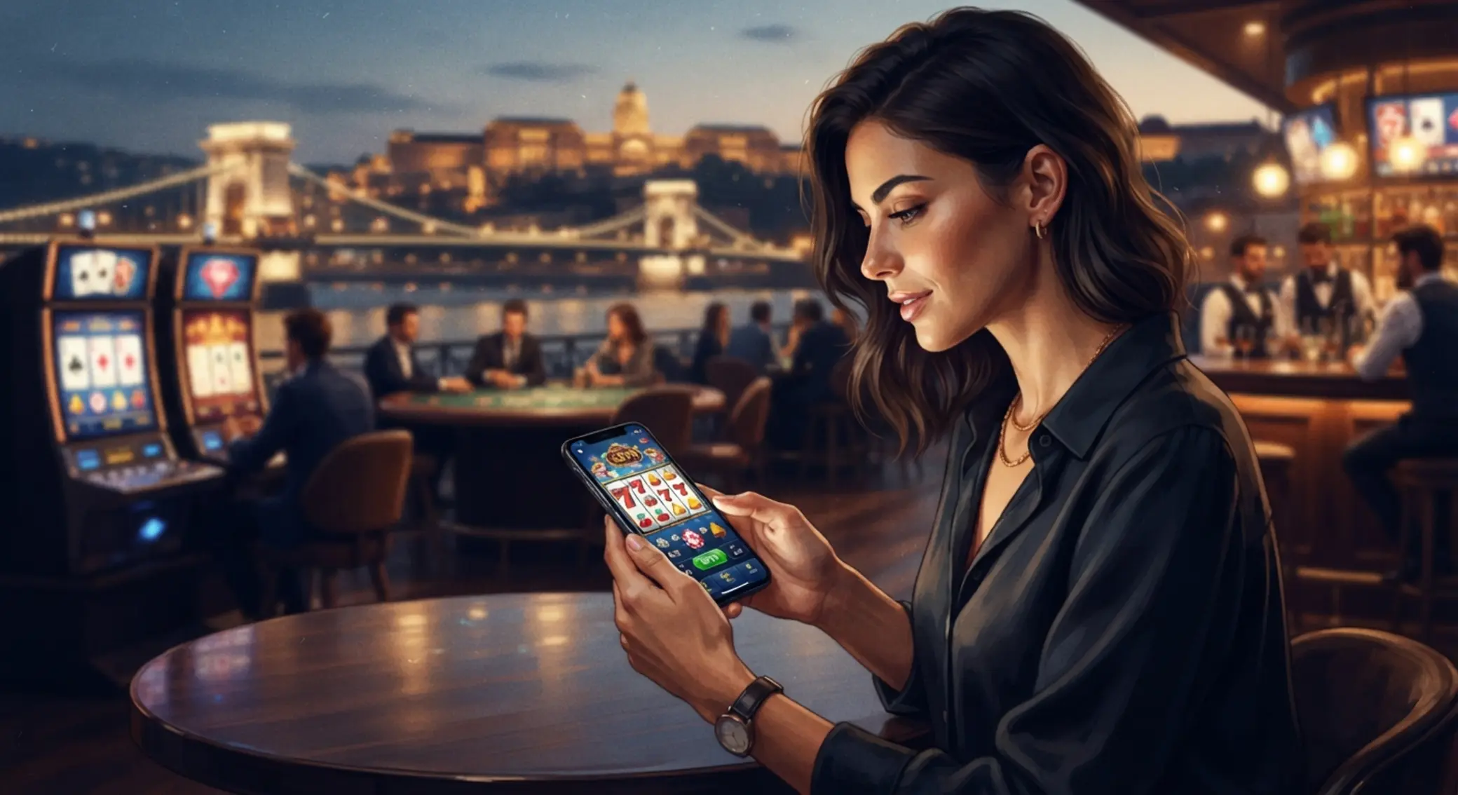 Magyar játékos mobiltelefonnal kaszinóhangulatban
