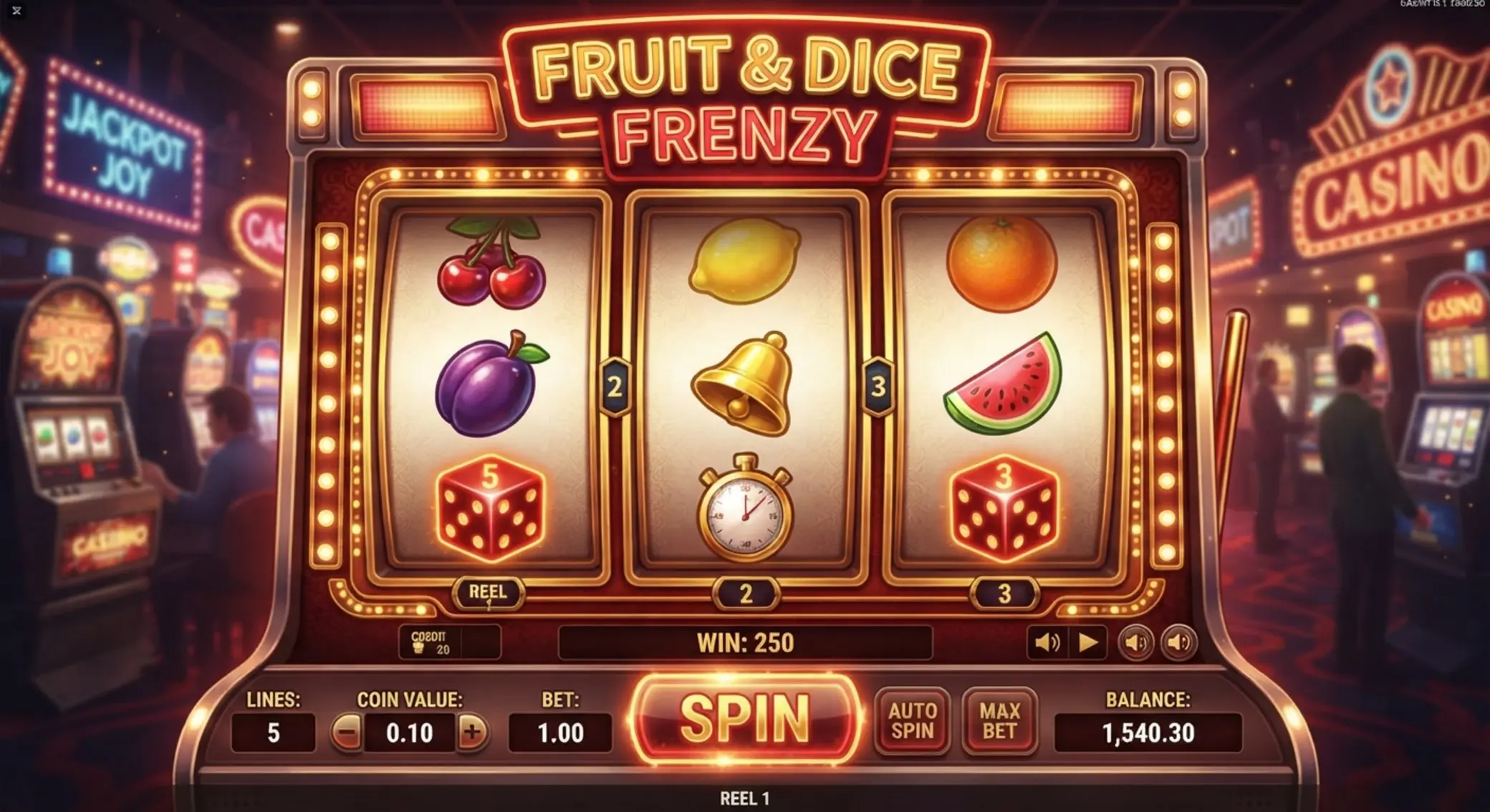 Multi Dice játékképernyő gyümölcsökkel, kockával és stopperórával