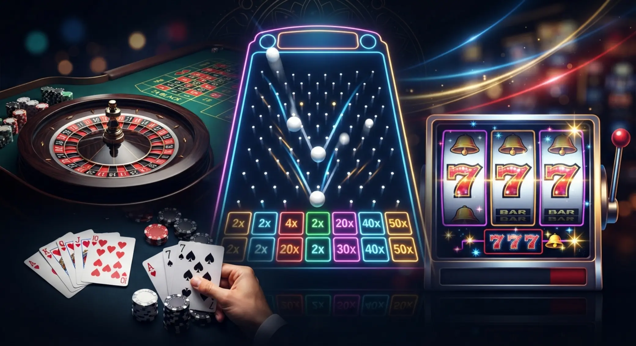 Kollázs Plinko táblával, kártyákkal, rulettel és slot elemekkel