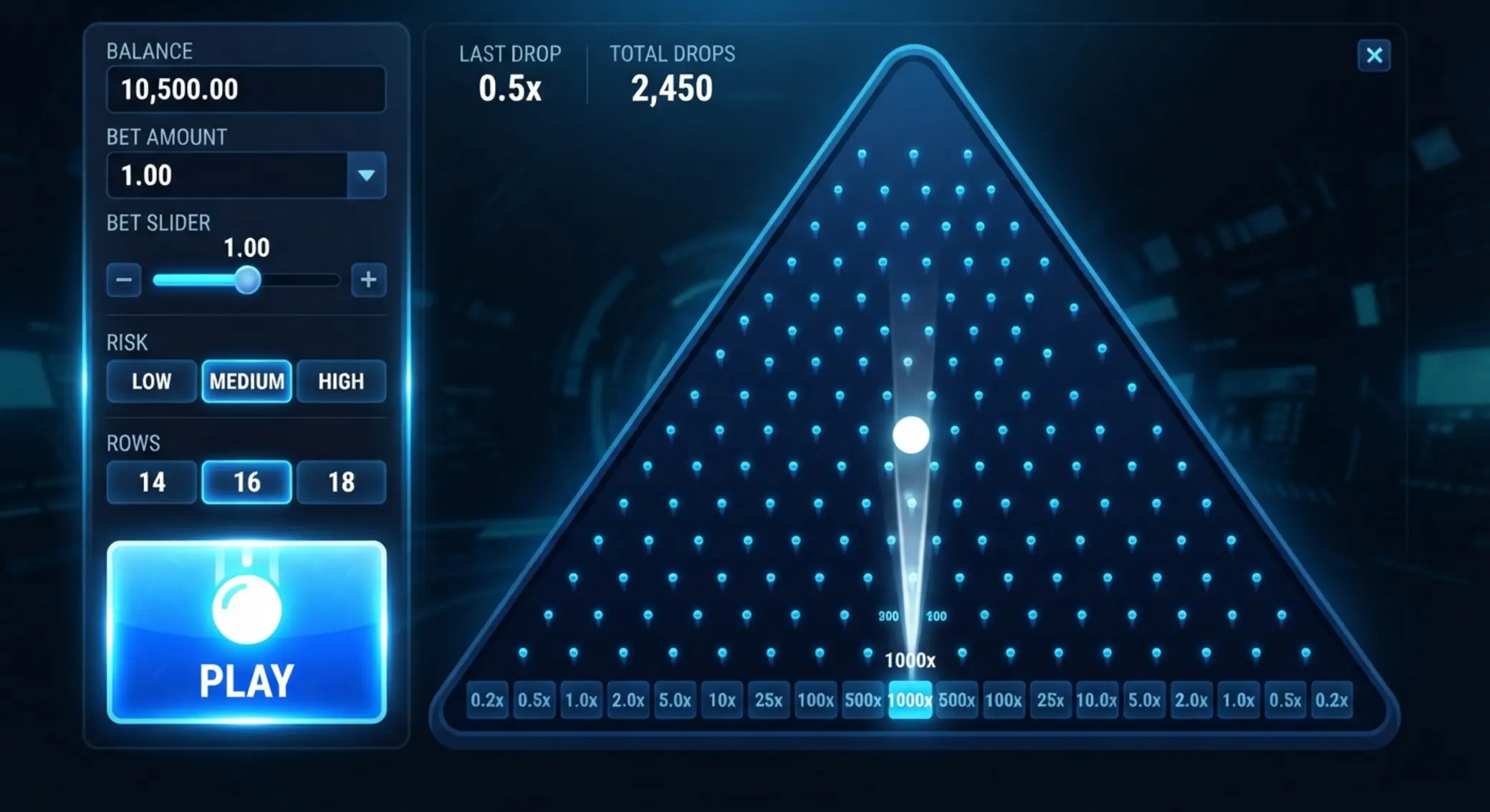 Plinko kezelőfelület tétbeállítással és Play gombbal