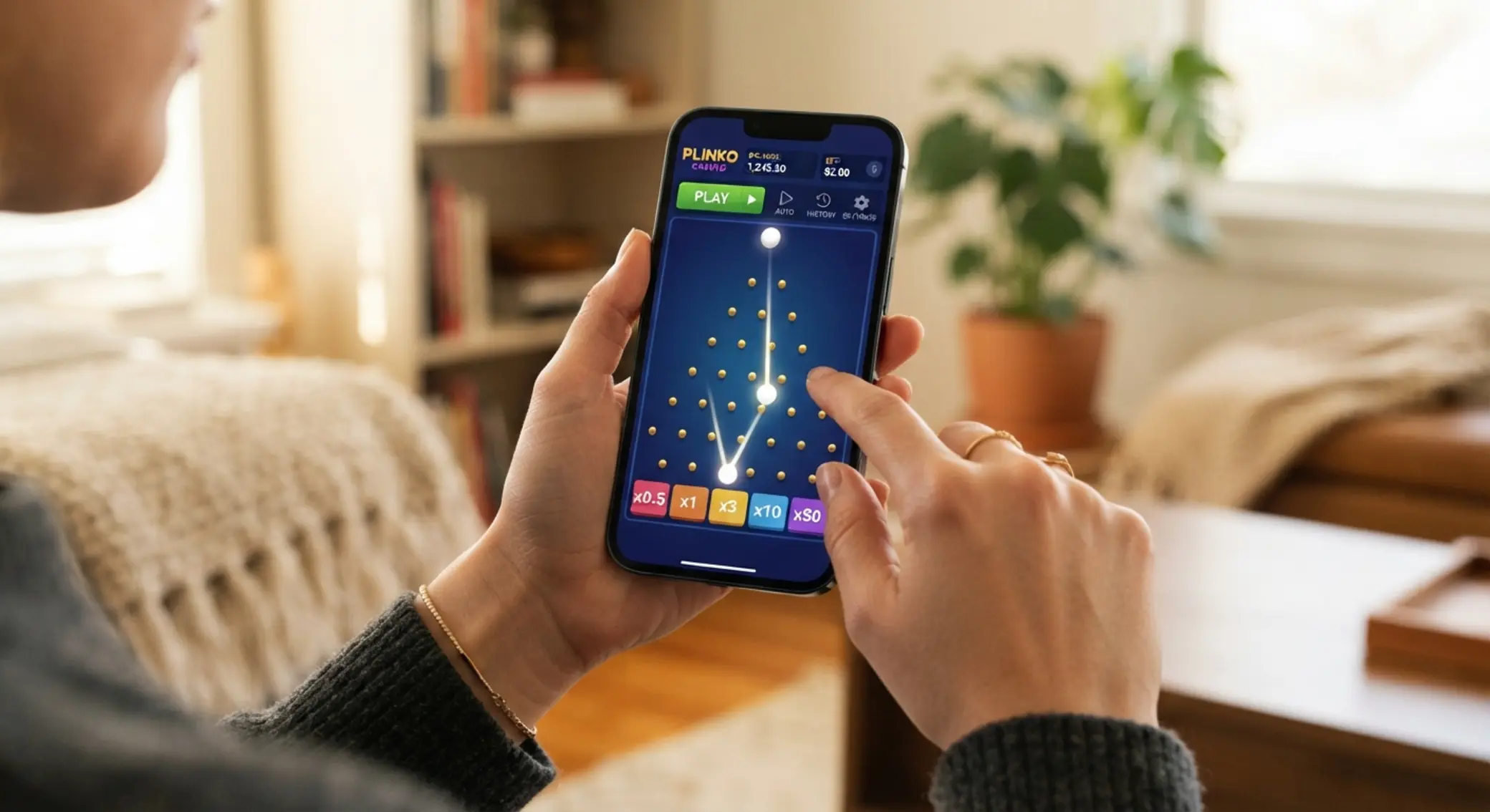Plinko játék mobiltelefon képernyőjén érintéses vezérléssel