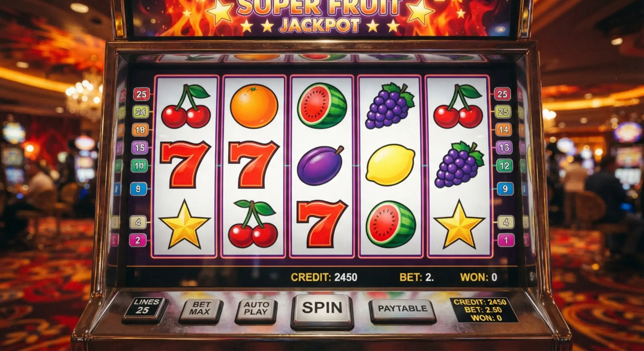 Sizzling Hot Deluxe stílusú játékfelület öt tárcsával és gyümölcsökkel